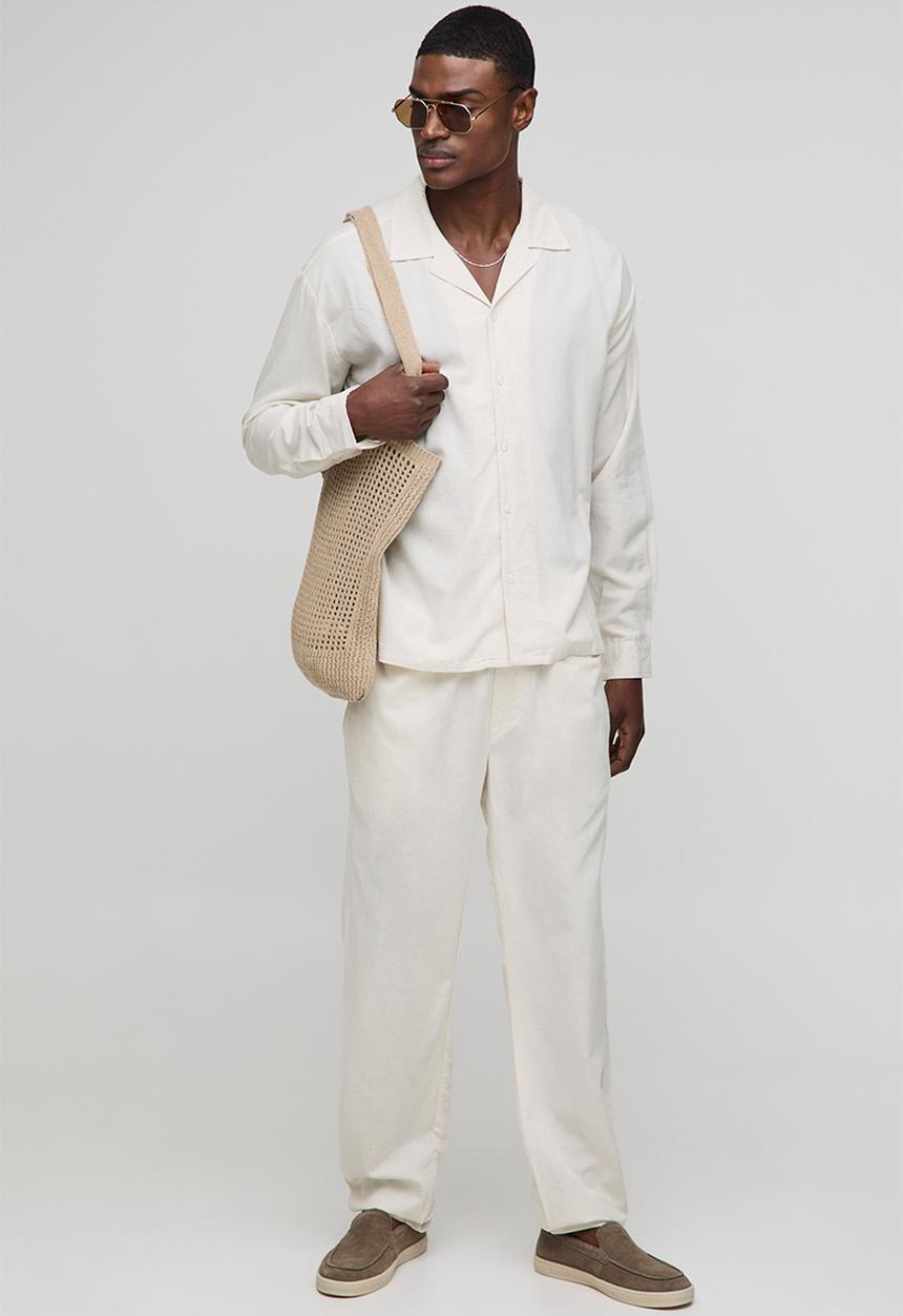 boohooMAN - Oversized Long Sleeve Revere Linen Blend Shirt - Natural
