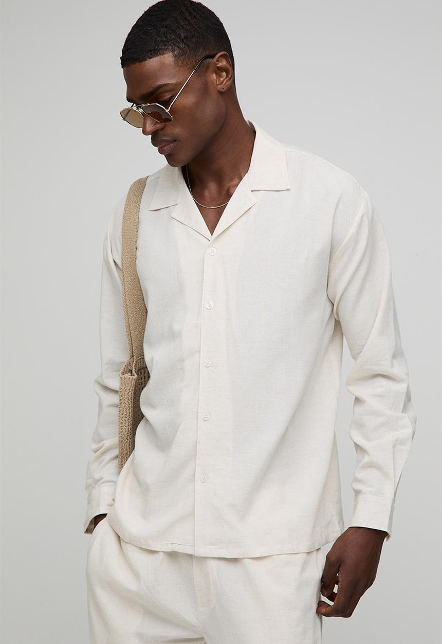 boohooMAN - Oversized Long Sleeve Revere Linen Blend Shirt - Natural
