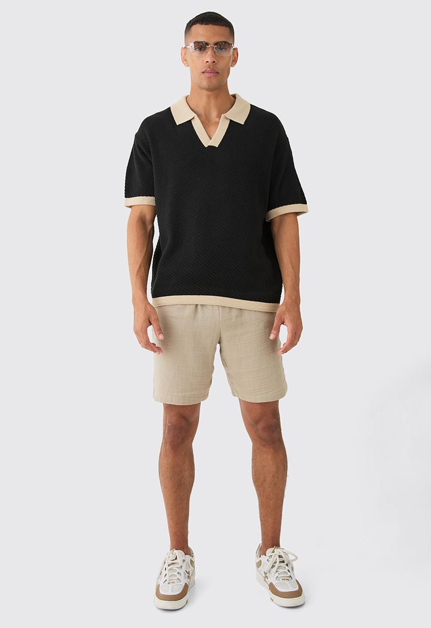 boohooMAN - Oversized Boxy Drop Shoulder Contrast Knit Polo - Black
