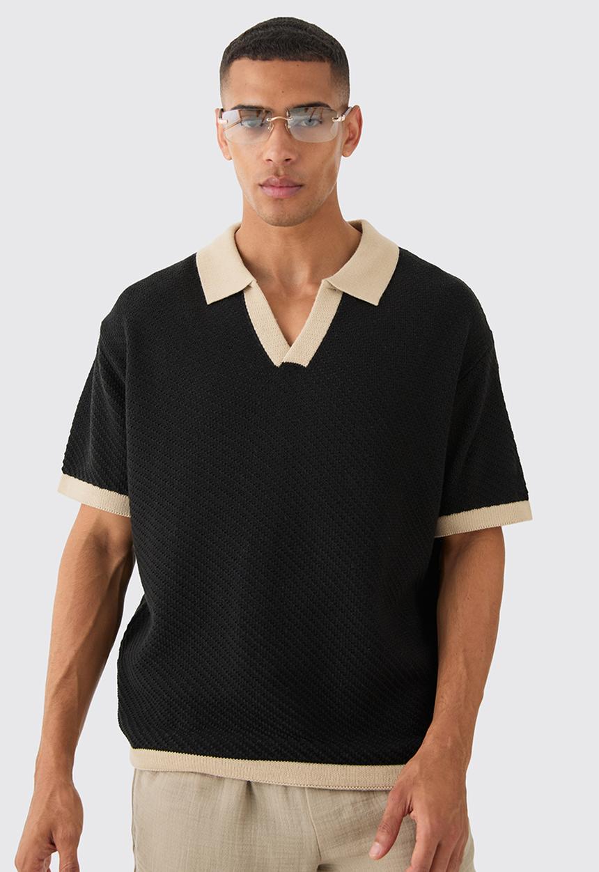 boohooMAN - Oversized Boxy Drop Shoulder Contrast Knit Polo - Black