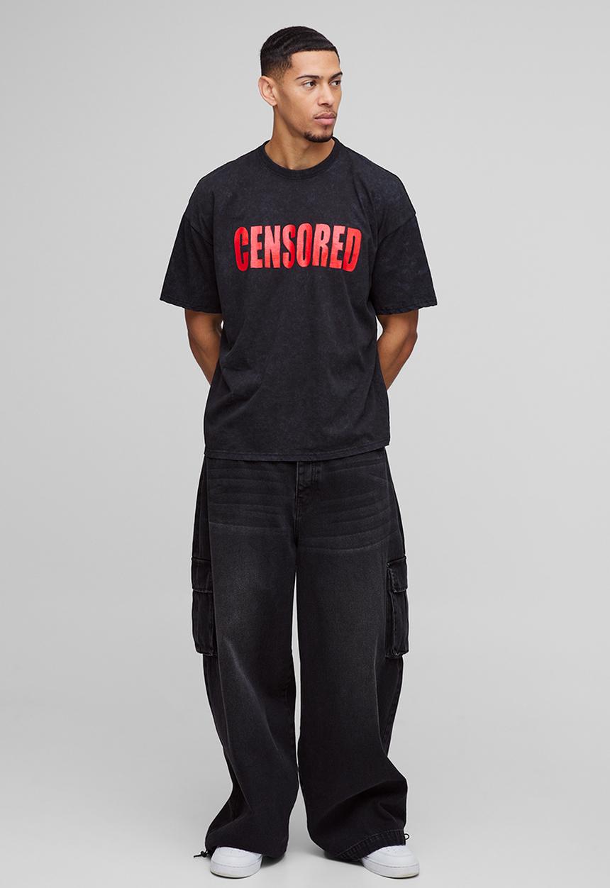 boohooMAN - Oversized Censored Washed T-Shirt - Black
