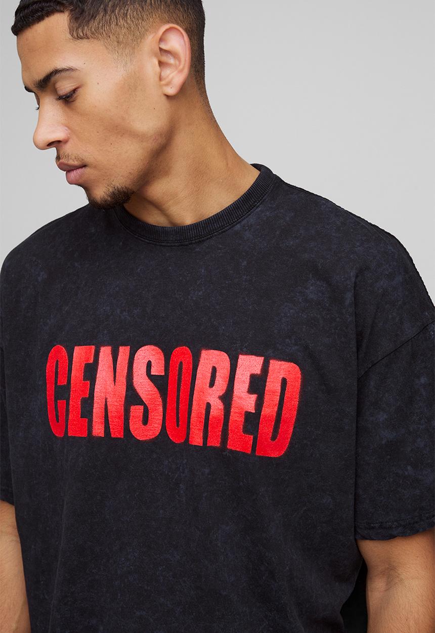 boohooMAN - Oversized Censored Washed T-Shirt - Black