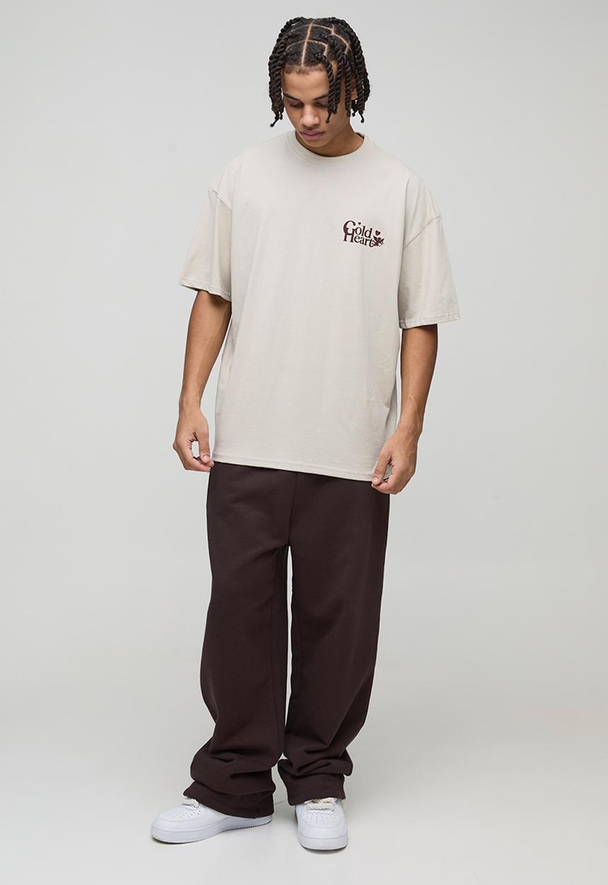 boohooMAN - Oversized Cold Heart Slogan Print T-Shirt - Stone