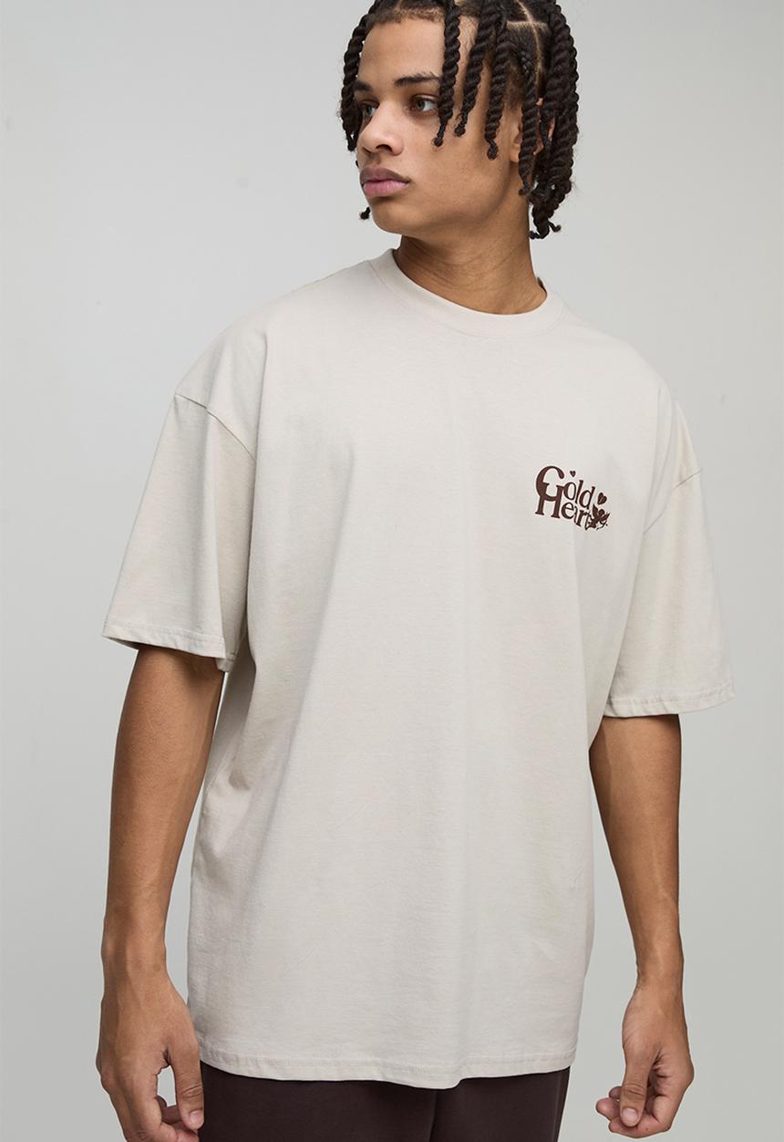boohooMAN - Oversized Cold Heart Slogan Print T-Shirt - Stone