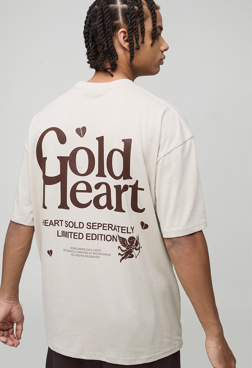 boohooMAN - Oversized Cold Heart Slogan Print T-Shirt - Stone