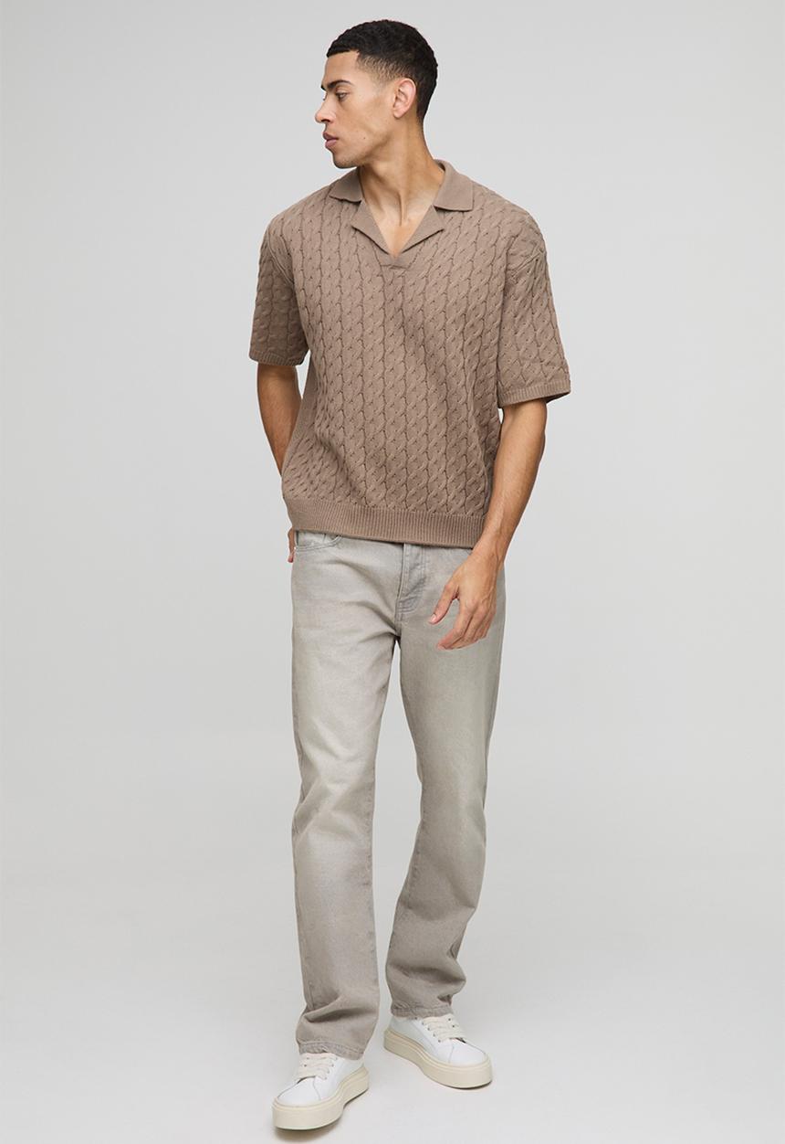 boohooMAN - Oversized Boxy Revere Collar Cable Knitted Polo - Taupe