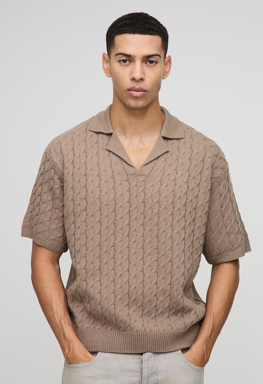 boohooMAN - Oversized Boxy Revere Collar Cable Knitted Polo - Taupe