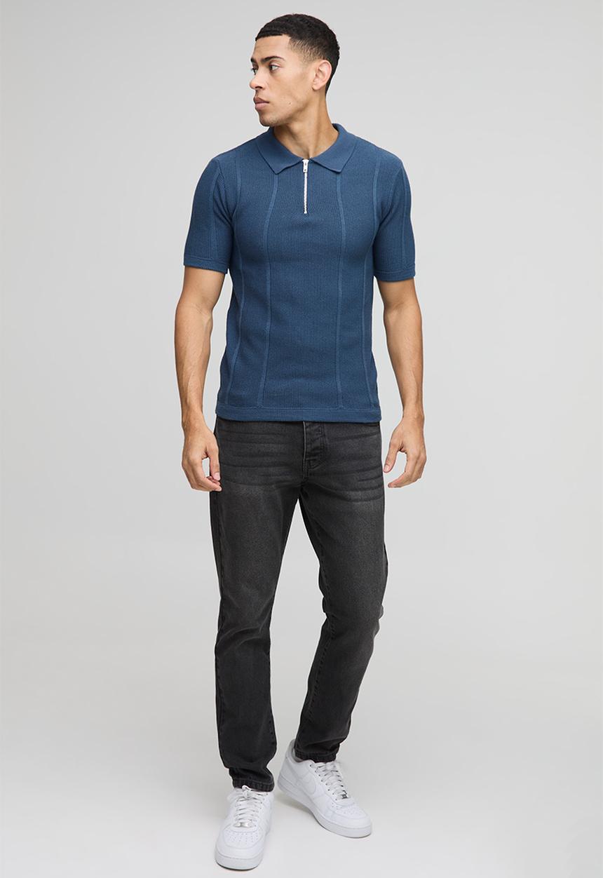 boohooMAN - Muscle Fit Zip Neck Ribbed Panelled Knitted Polo - Slate Blue