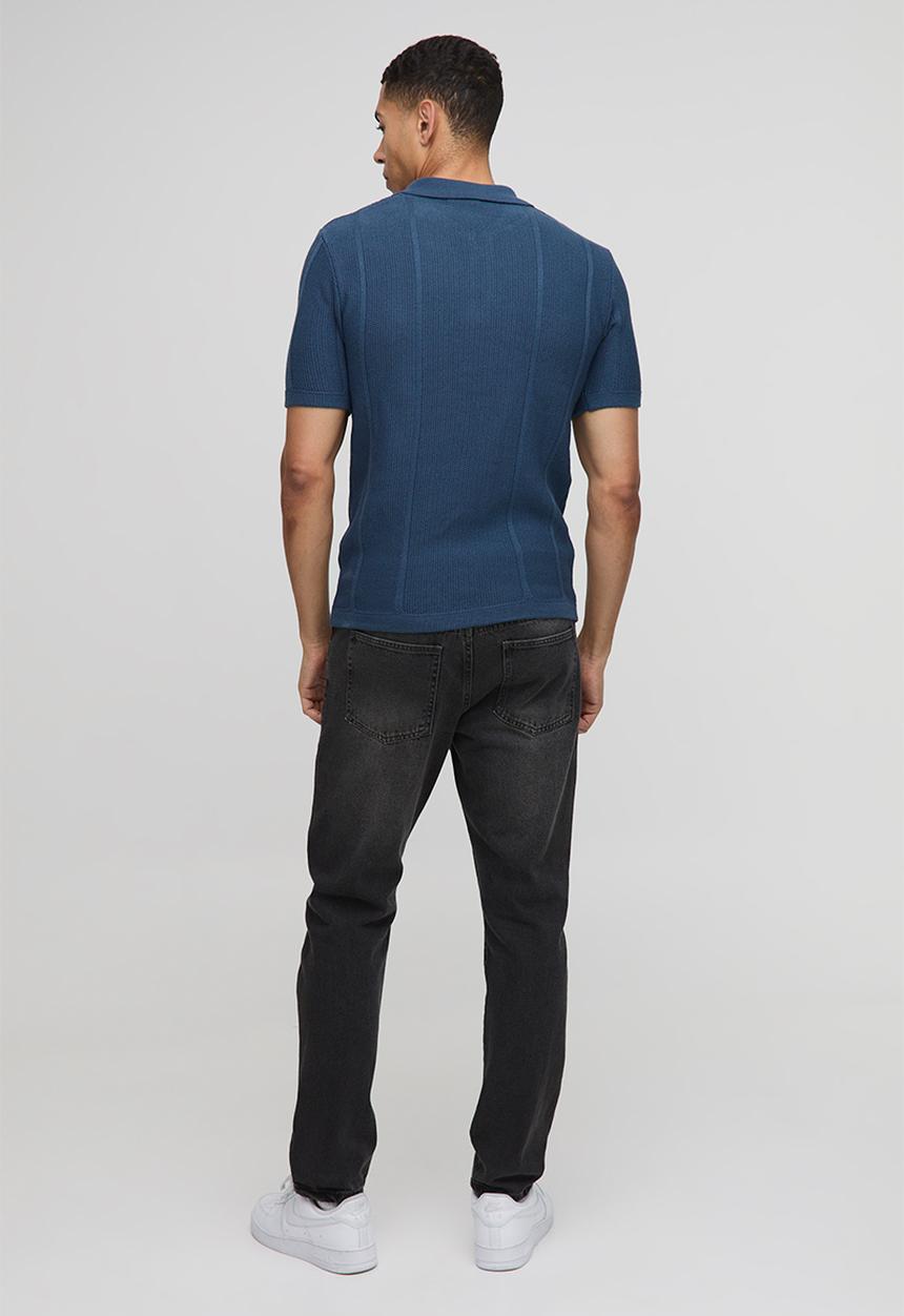 boohooMAN - Muscle Fit Zip Neck Ribbed Panelled Knitted Polo - Slate Blue