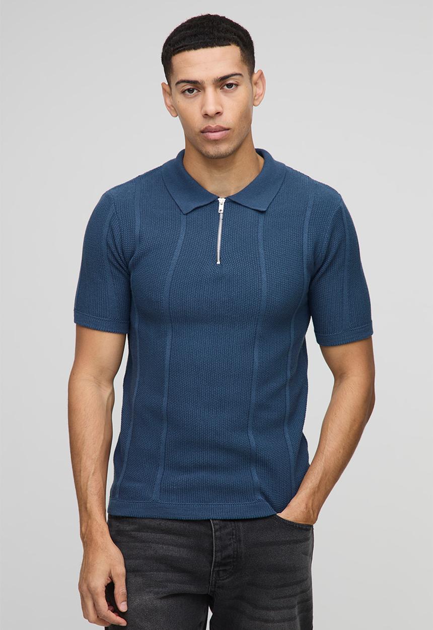 boohooMAN - Muscle Fit Zip Neck Ribbed Panelled Knitted Polo - Slate Blue