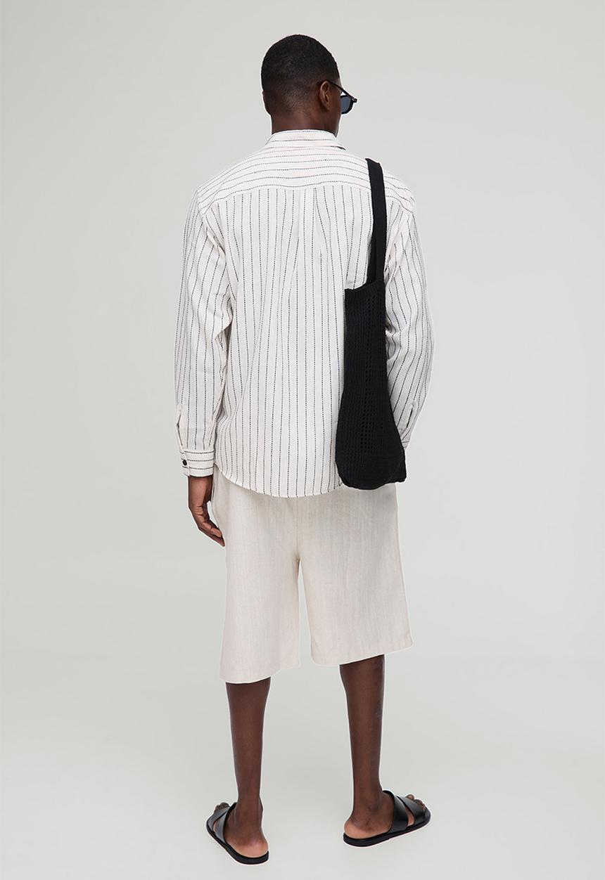 boohooMAN - Super Oversized Linen Look Embroidery Striped Collared Shirt - stone