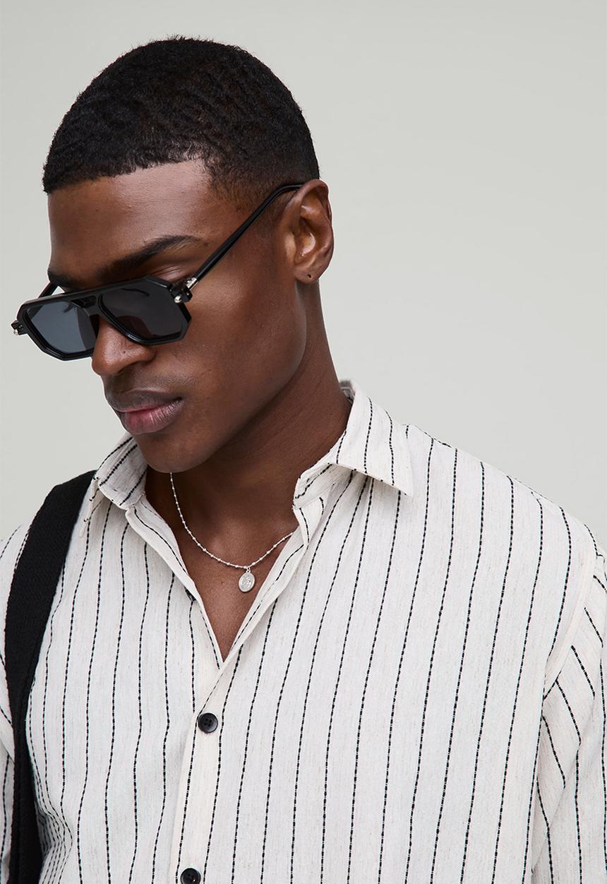 boohooMAN - Super Oversized Linen Look Embroidery Striped Collared Shirt - stone
