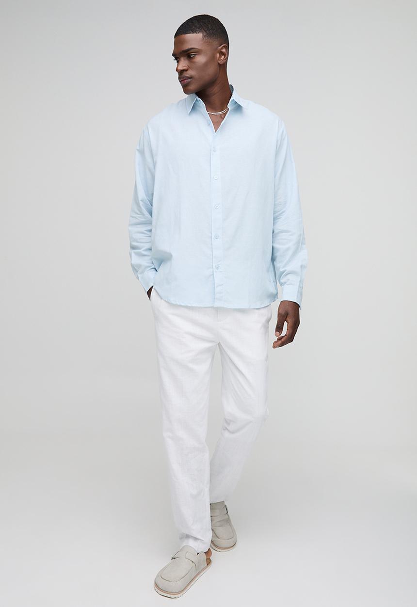 boohooMAN - Super Oversized Long Sleeve Collared Linen Blend Shirt - Light Blue