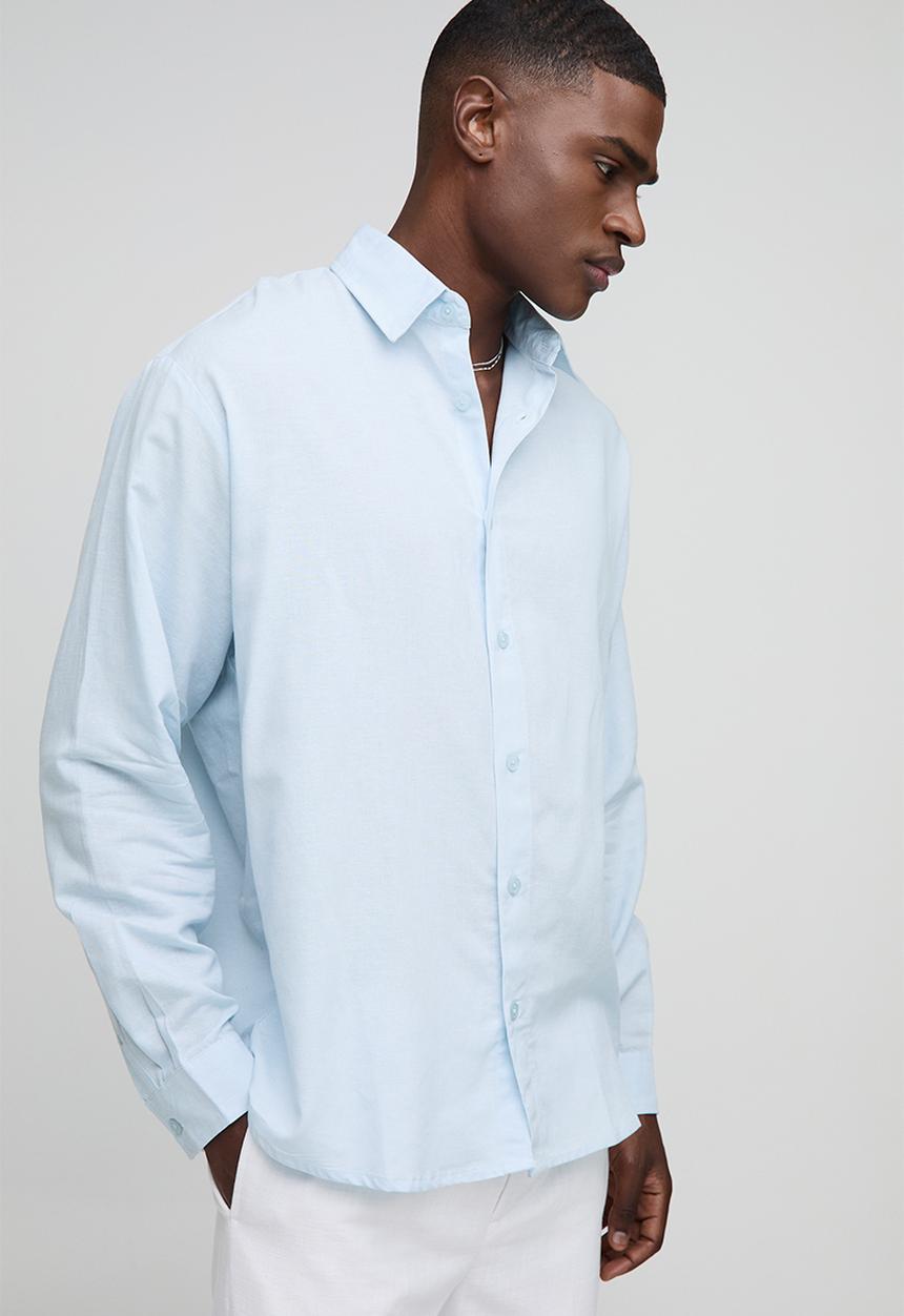 boohooMAN - Super Oversized Long Sleeve Collared Linen Blend Shirt - Light Blue