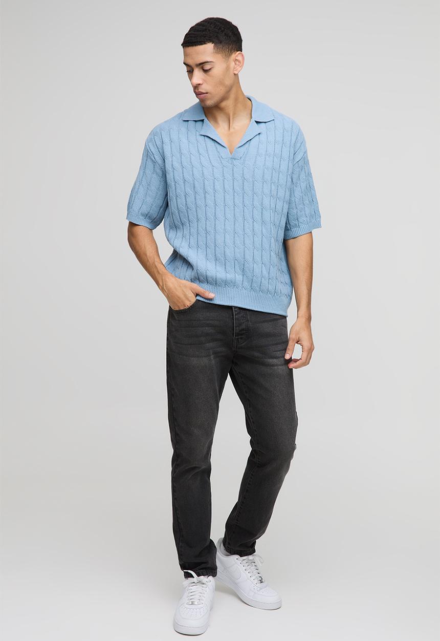 boohooMAN - Oversized Boxy Revere Collar Twisted Cable Knitted Polo - Light Blue
