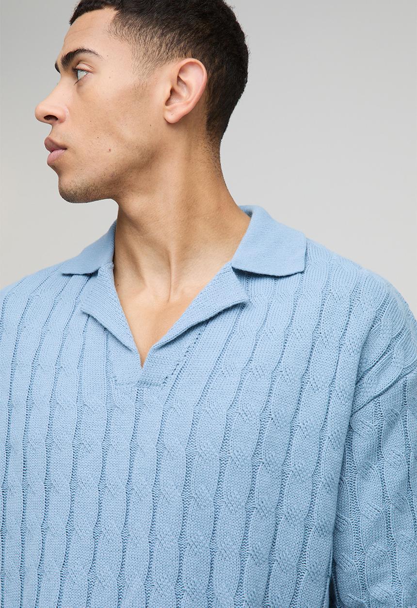 boohooMAN - Oversized Boxy Revere Collar Twisted Cable Knitted Polo - Light Blue
