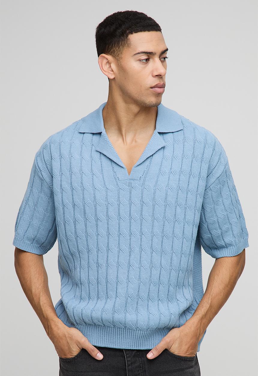boohooMAN - Oversized Boxy Revere Collar Twisted Cable Knitted Polo - Light Blue