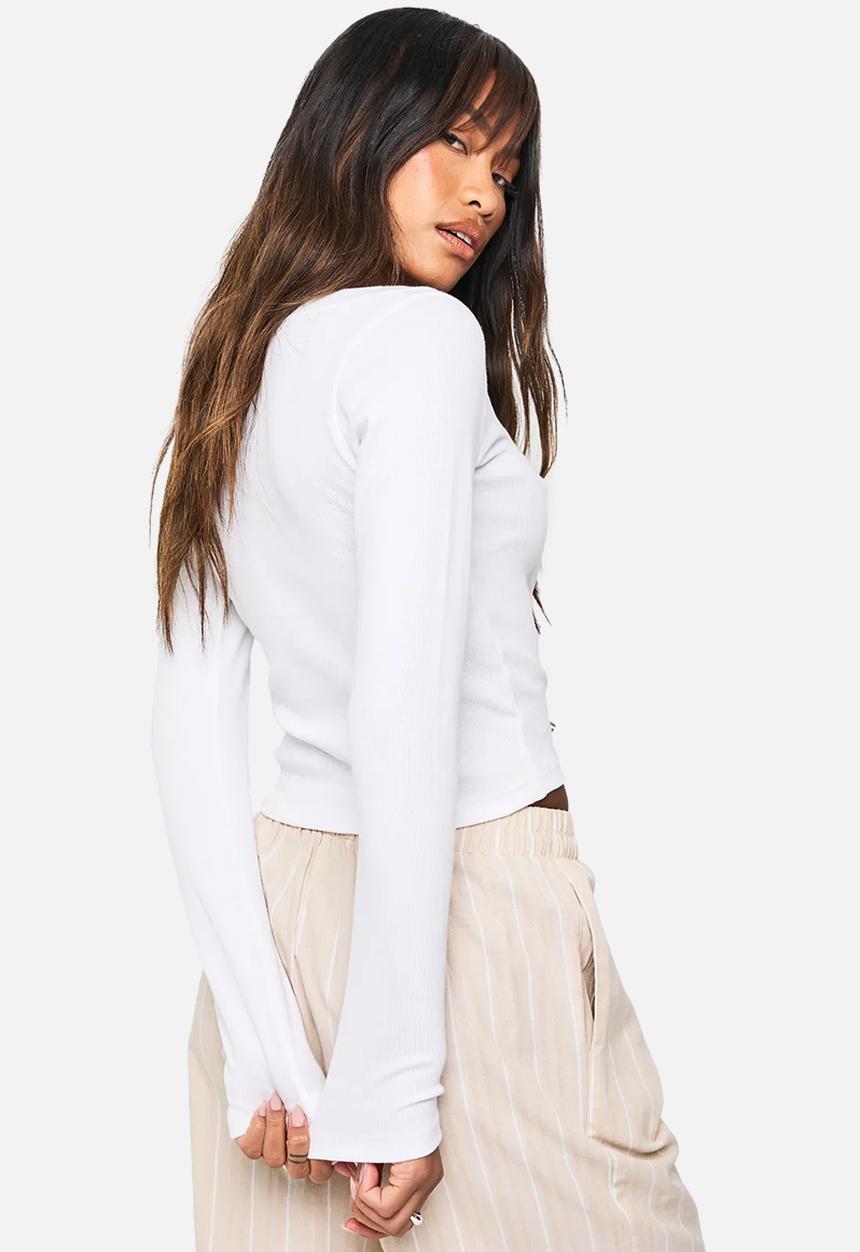 Rib detail scoop neck long sleeve top - white