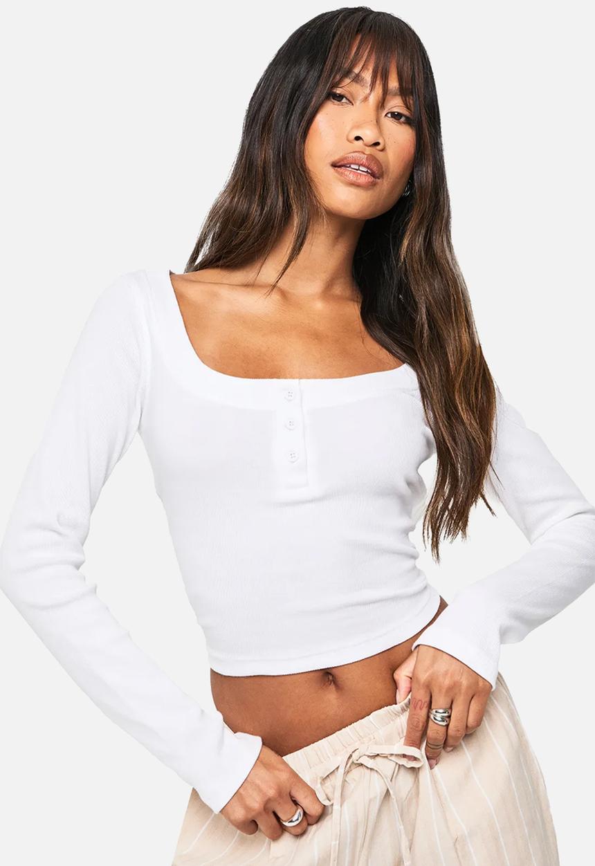 Rib detail scoop neck long sleeve top - white