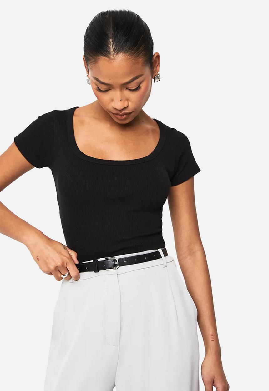 boohoo - Rib scoop neck short sleeve top - black