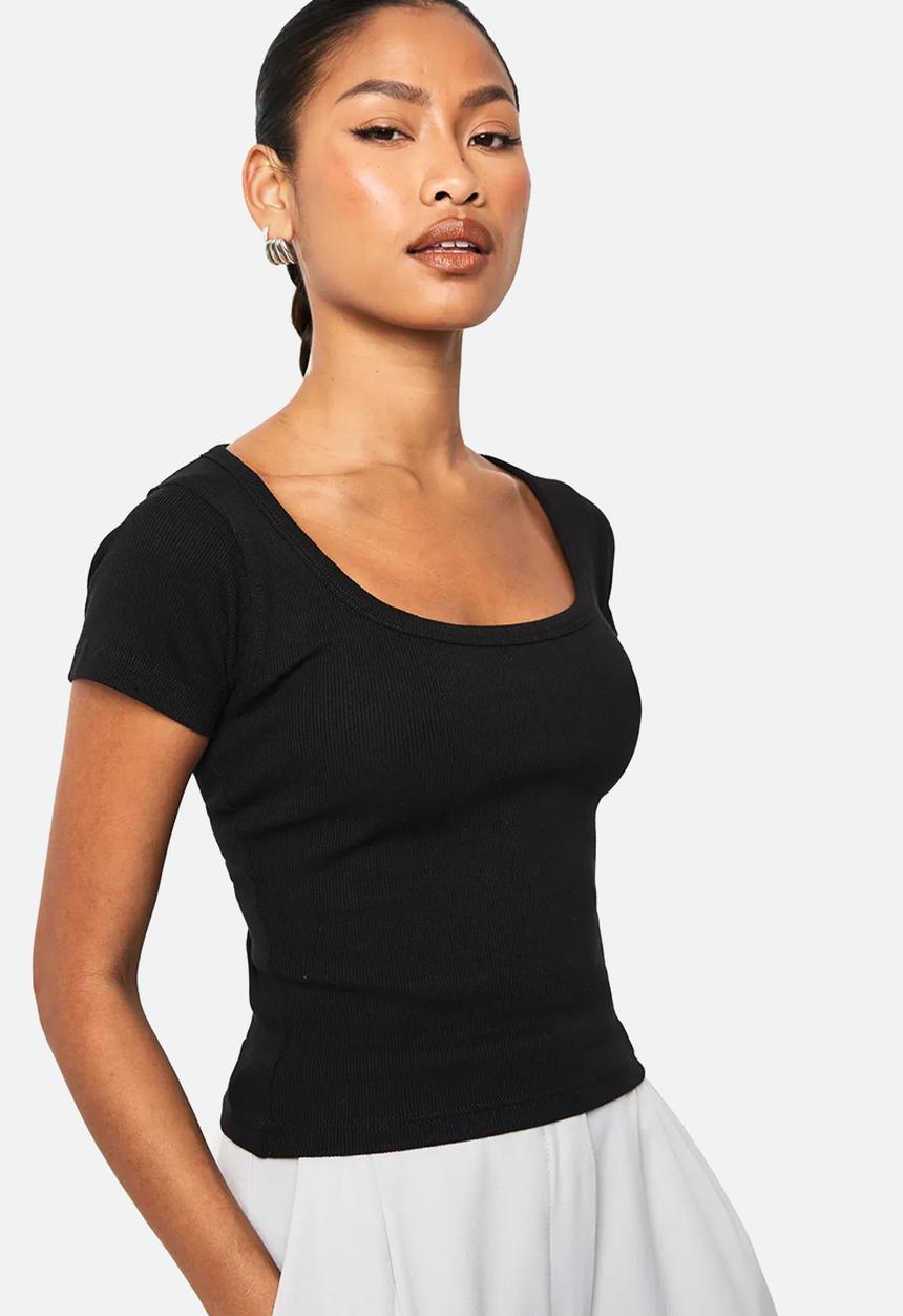 boohoo - Rib scoop neck short sleeve top - black