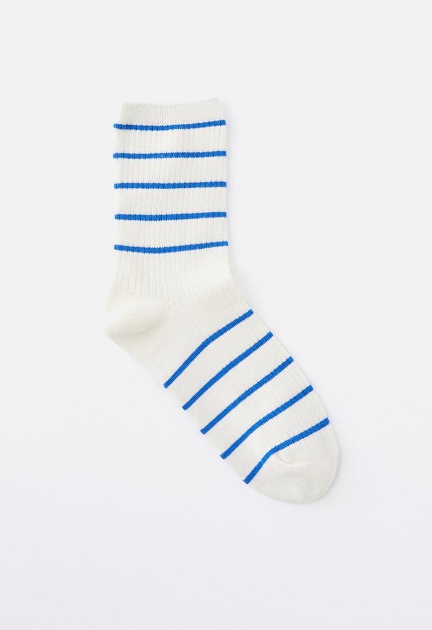 Rubi - Stripe Ribbed Crew Sock - Ecru/Blue