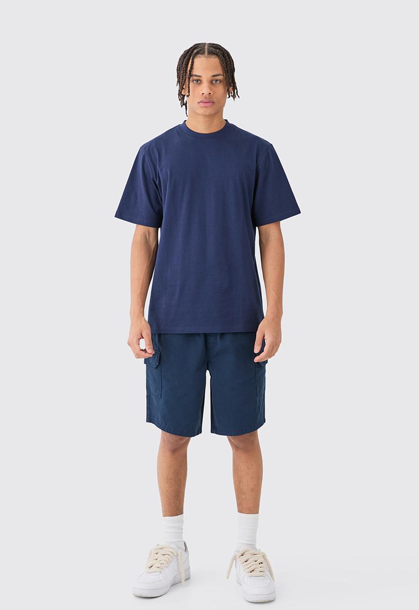 boohooMAN - Relaxed Fit Elasticated Waist Cargo Shorts - Navy