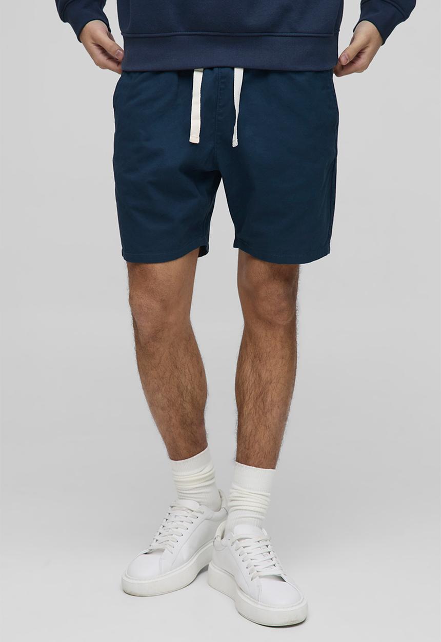 boohooMAN - Elasticated Waist Slim Fit Twill Shorts - Navy
