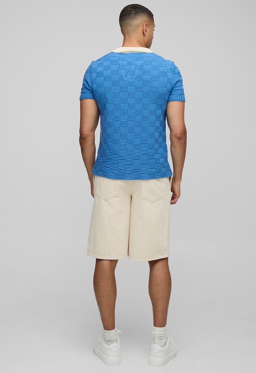 boohooMAN - Regular Fit V Neck Check Knitted Polo - Blue