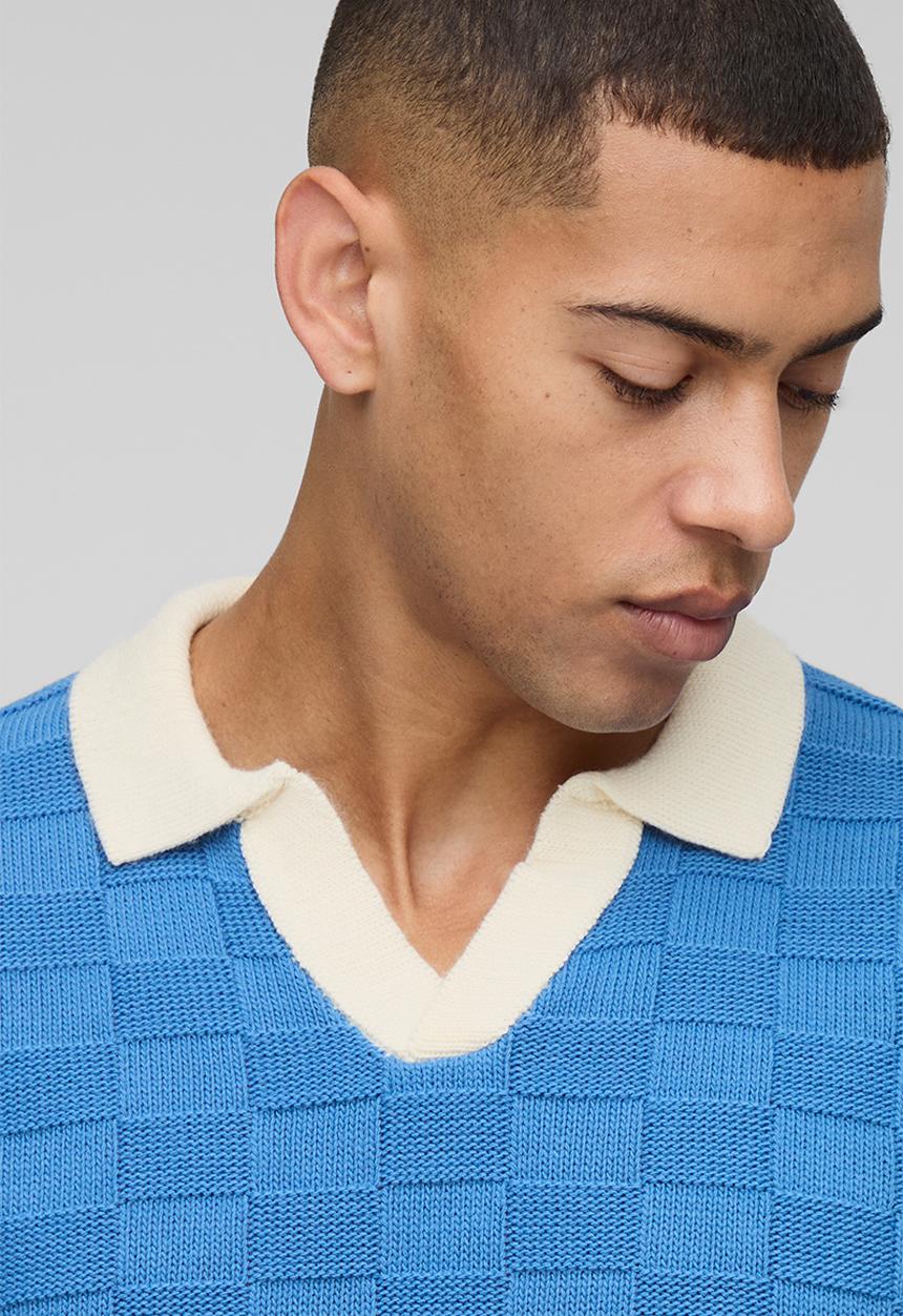 boohooMAN - Regular Fit V Neck Check Knitted Polo - Blue