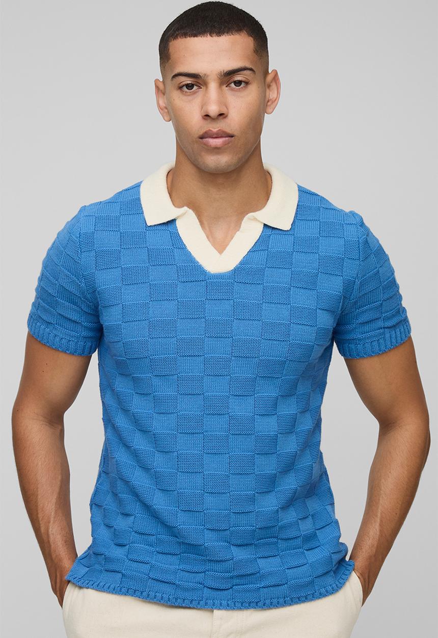 boohooMAN - Regular Fit V Neck Check Knitted Polo - Blue