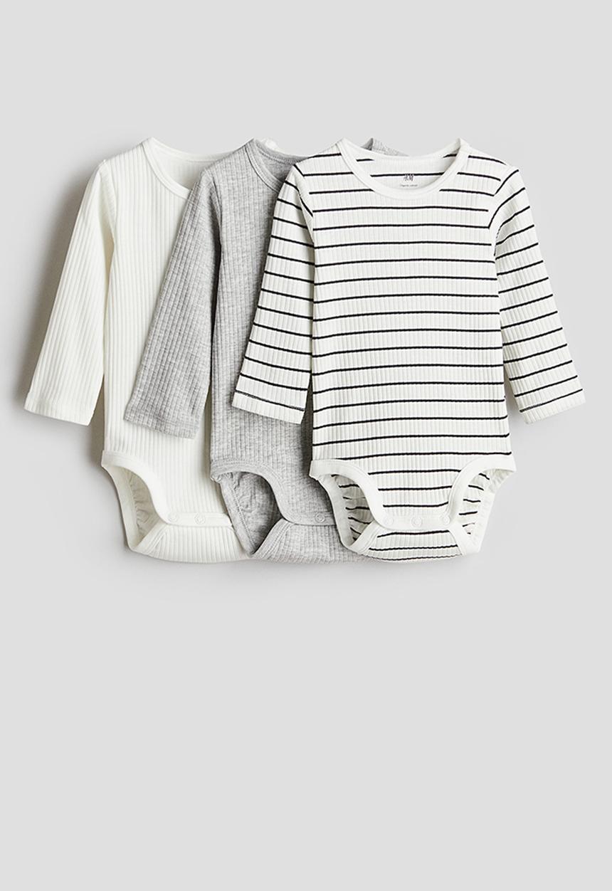 H&M - 3-Pack ribbed bodysuits - grey/striped