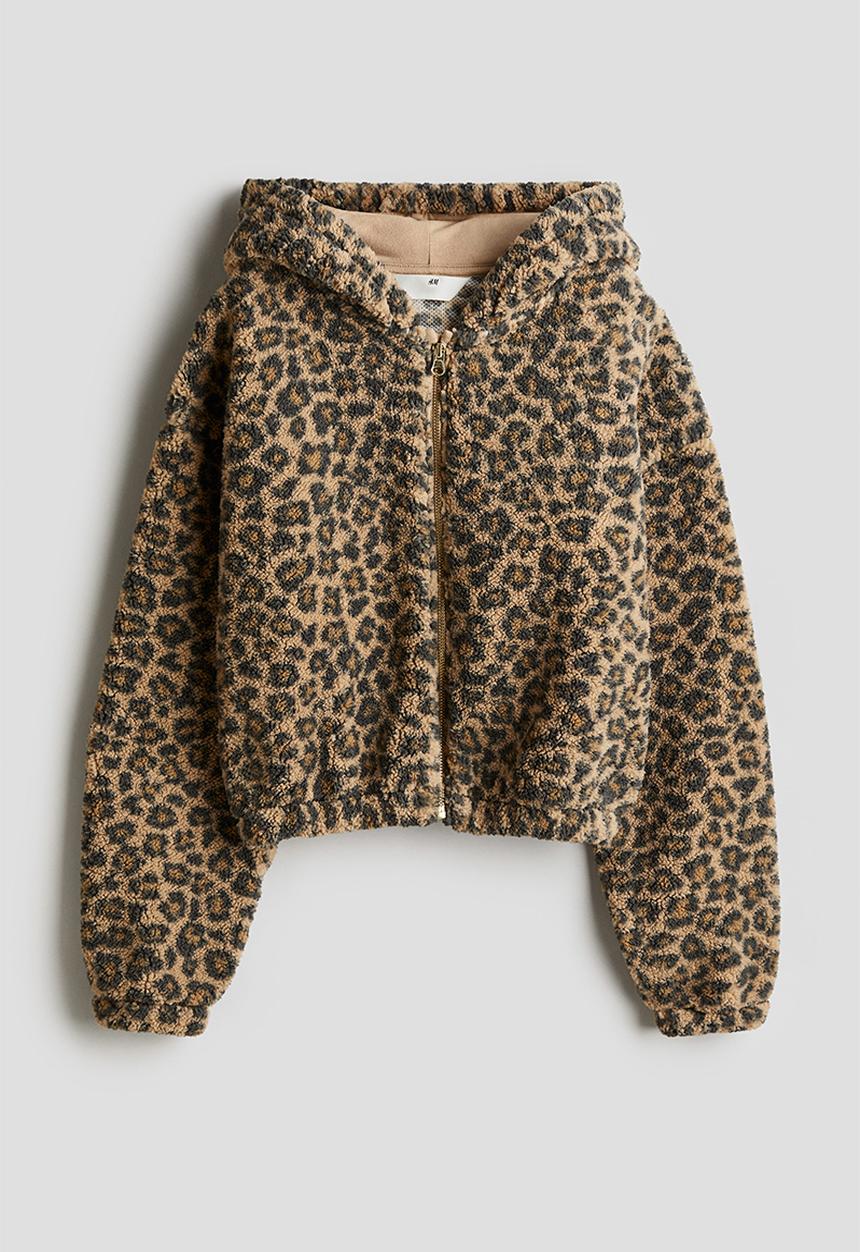 H&M - Teddy zip-through hoodie - beige/leopard-print