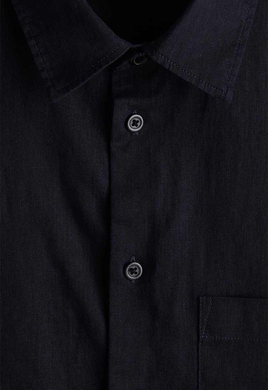 H&M - Regular fit short-sleeved linen-blend shirt - navy blue