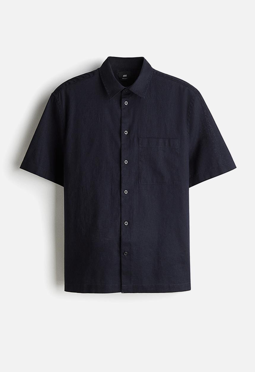 H&M - Regular fit short-sleeved linen-blend shirt - navy blue