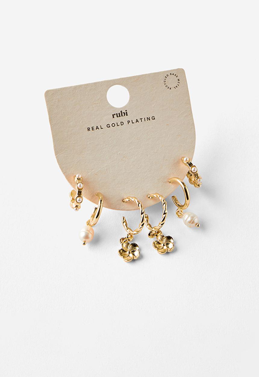 Rubi - 3 Pack mid earring - gold plated hibiscus pearl