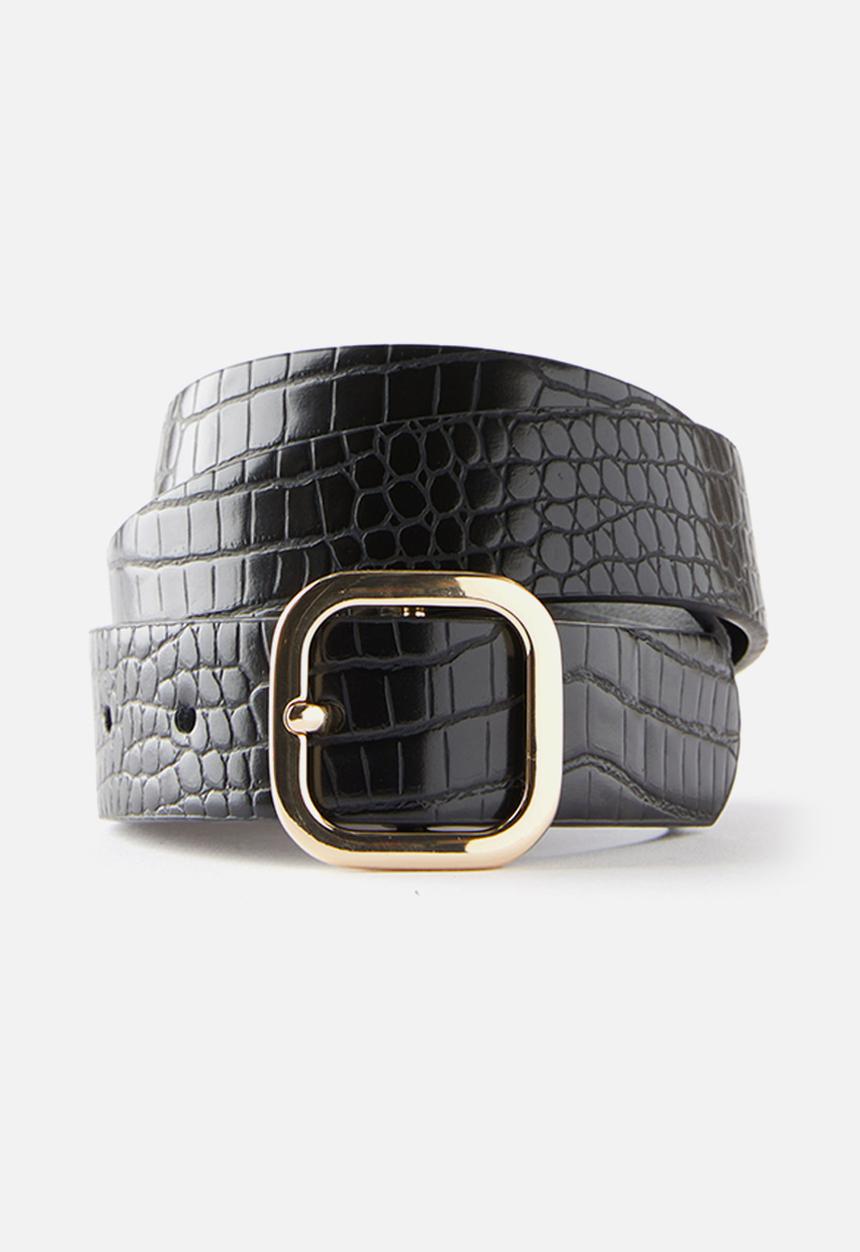 Rubi - Slim dad belt - black texture/shiny gold
