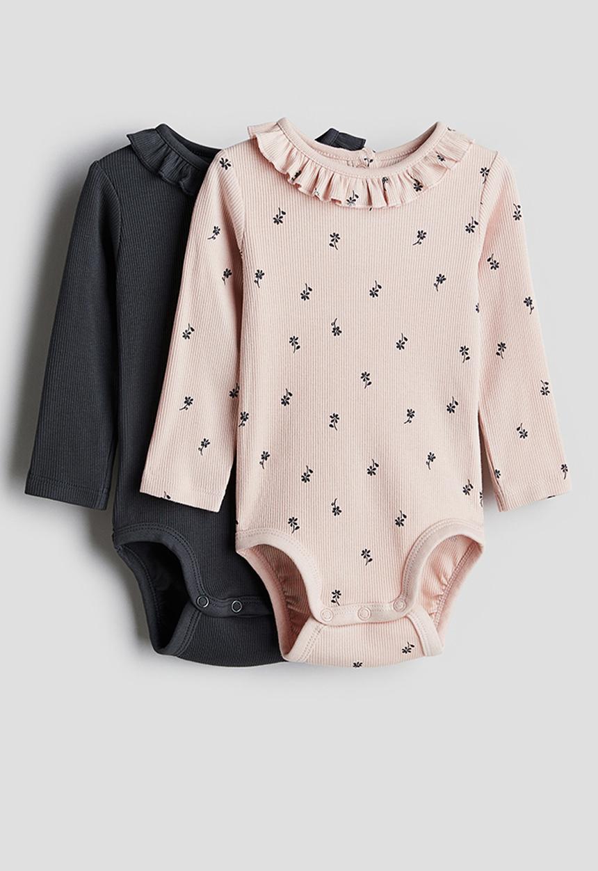 H&M - 2 Pack long-sleeved bodysuits - light pink/floral 