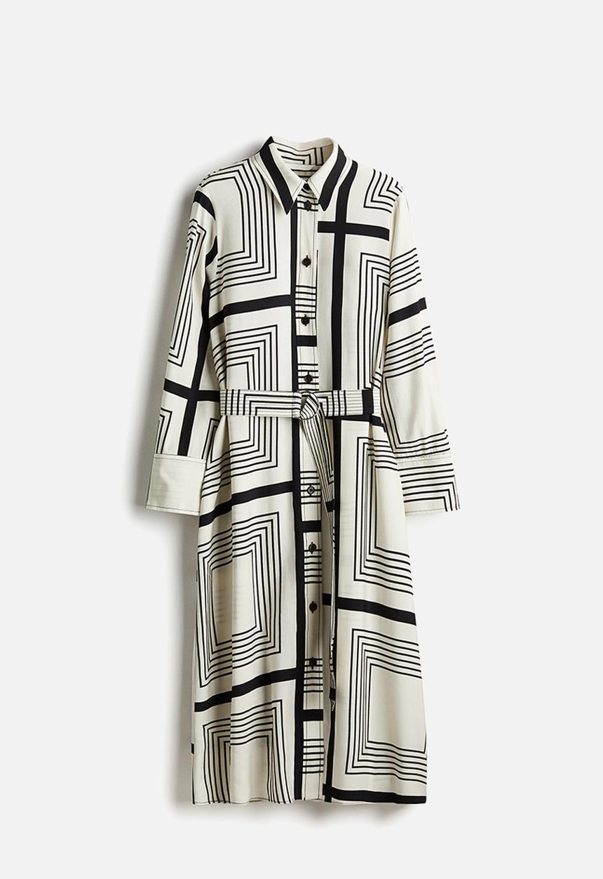 H&M - Belted shirt dress - cream black patterned