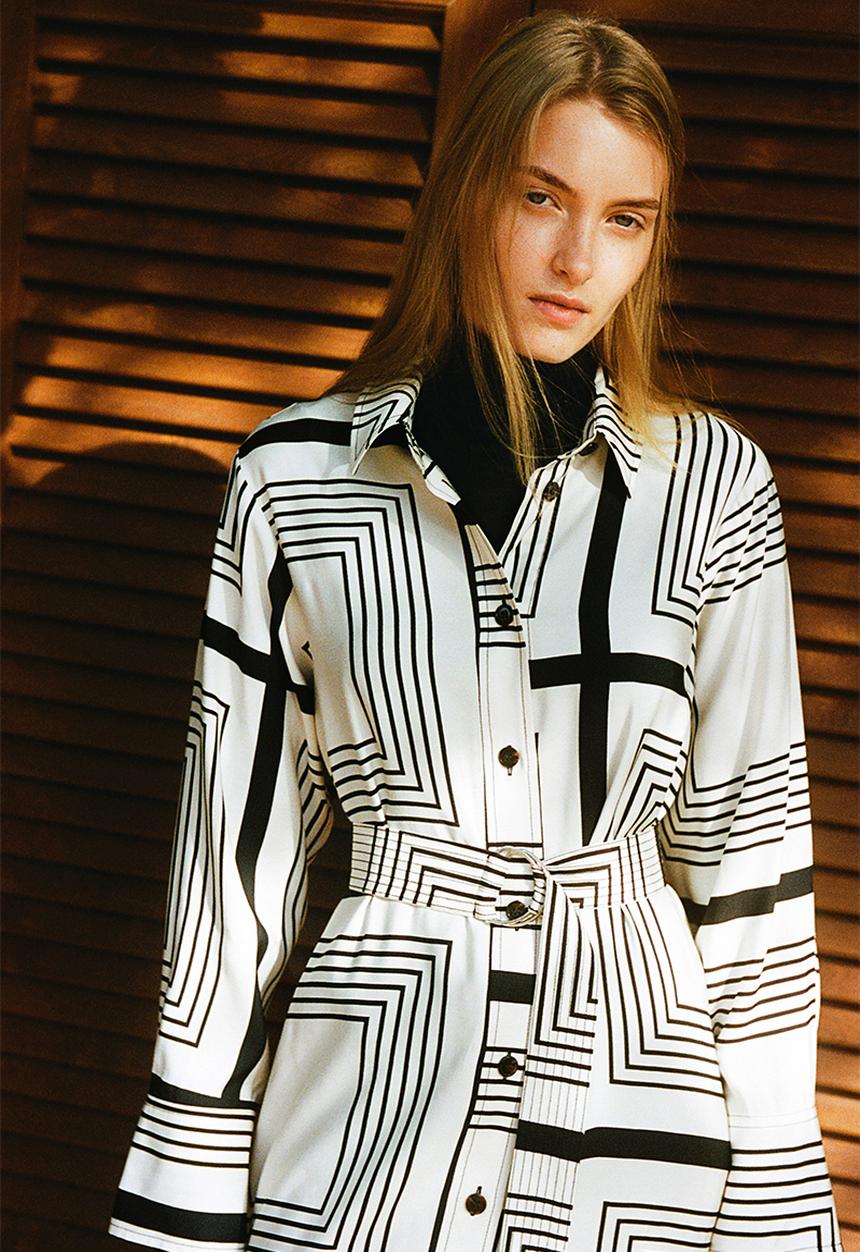 H&M - Belted shirt dress - cream black patterned