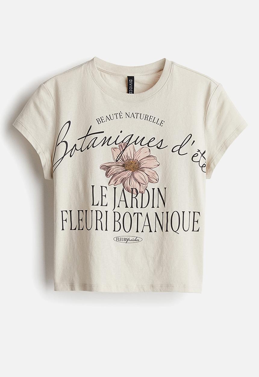 H&M - Cropped printed T-shirt - light beige/botaniques