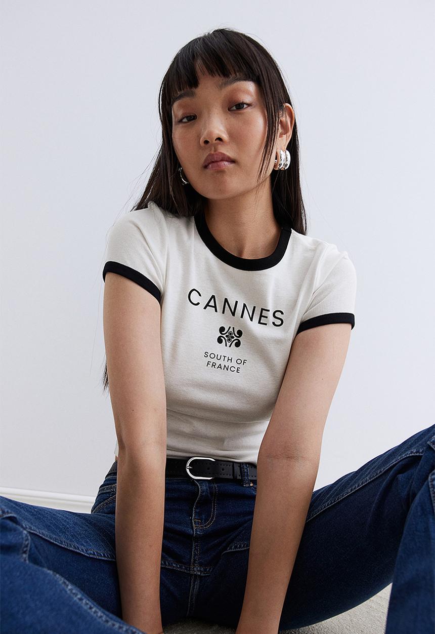 H&M - Ribbed T-shirt - cream cannes