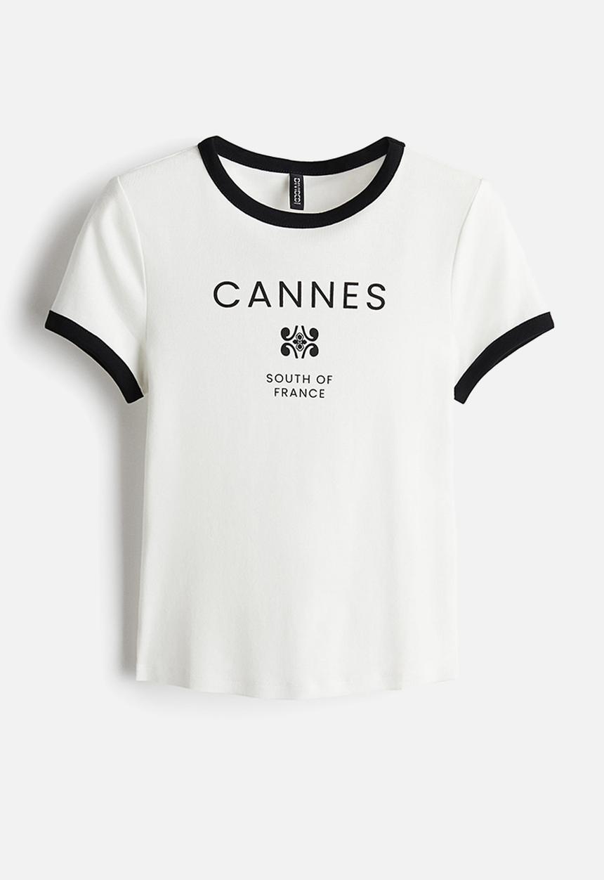 H&M - Ribbed T-shirt - cream cannes