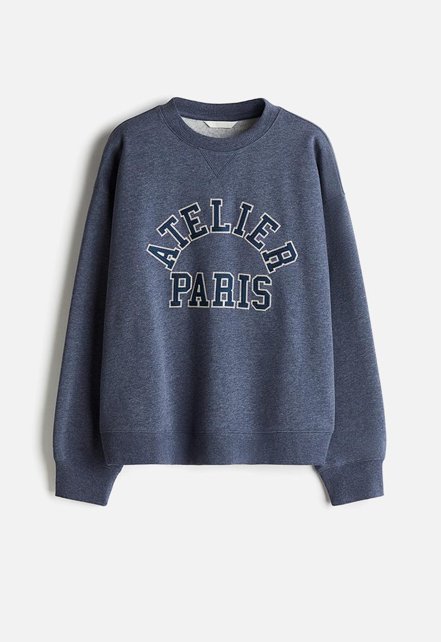 H&M - Text-motif sweatshirt - dusty blue marl/atelier paris