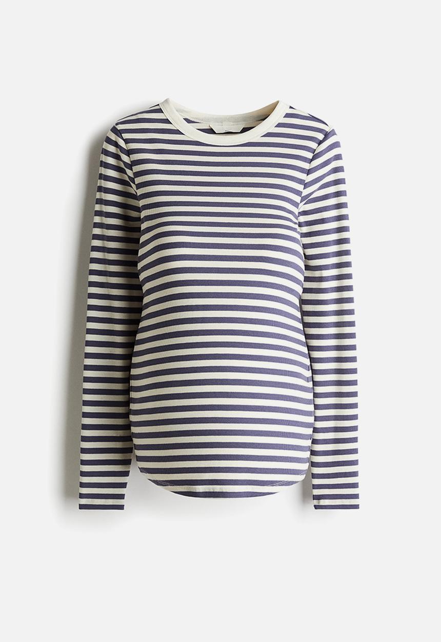 H&M - Mama ribbed jersey top - white/dusty blue striped