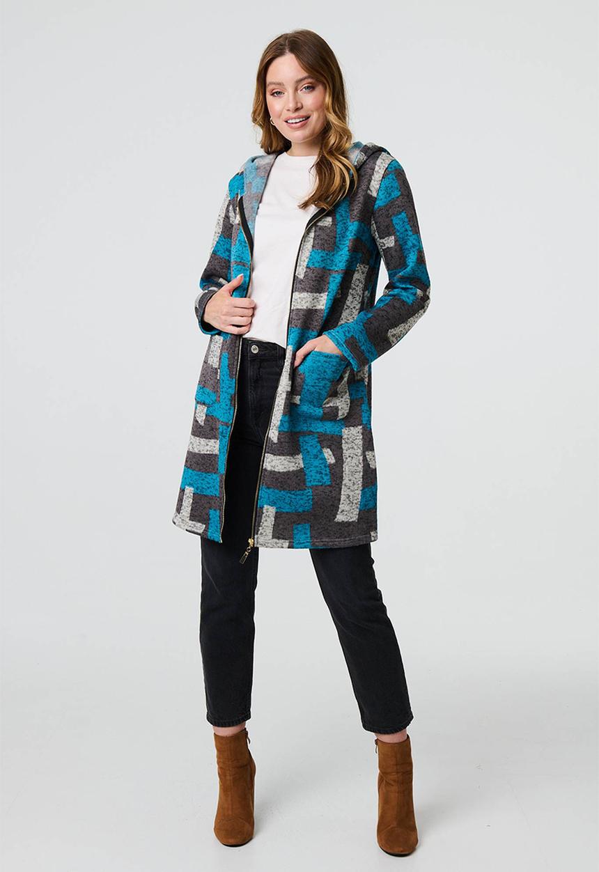 Stella Morgan - Printed Front Zip Knit Hooded Coat - Grey & Blue