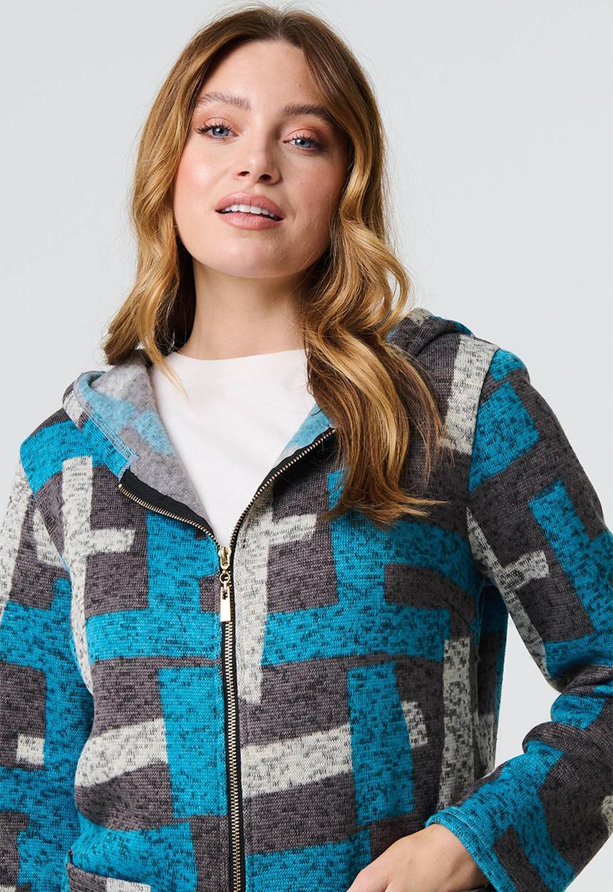 Stella Morgan - Printed Front Zip Knit Hooded Coat - Grey & Blue