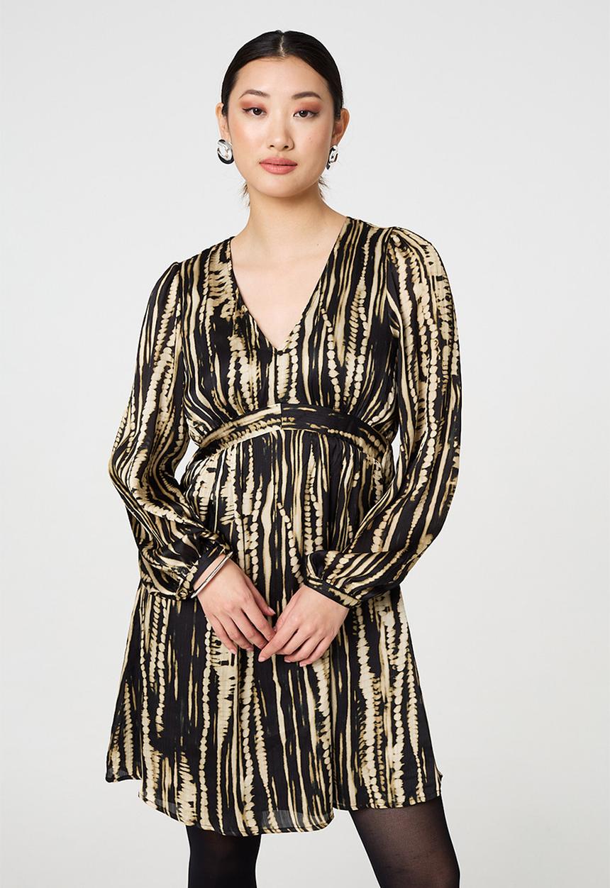 Stella Morgan - Abstract Printed Long Sleeve Empire Mini Dress - Multi Black