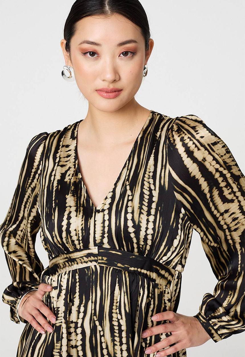 Stella Morgan - Abstract Printed Long Sleeve Empire Mini Dress - Multi Black