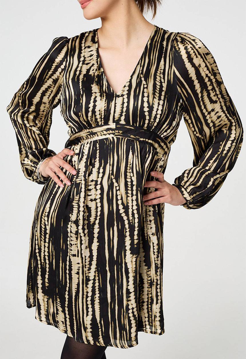 Stella Morgan - Abstract Printed Long Sleeve Empire Mini Dress - Multi Black